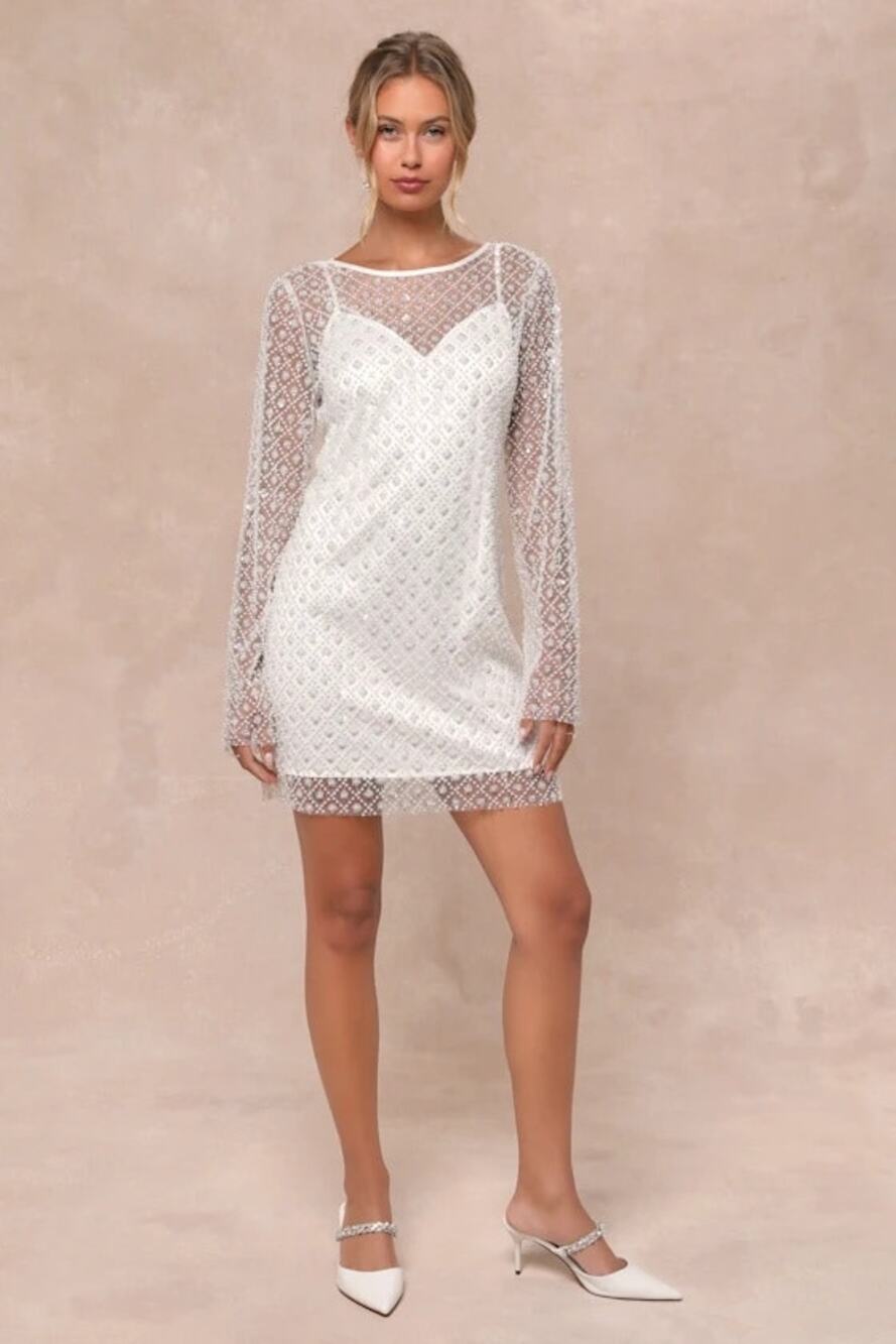 NWT Lulus Glowing Charisma White Sequin Pearl Mesh Bridal Mini Dress XXL